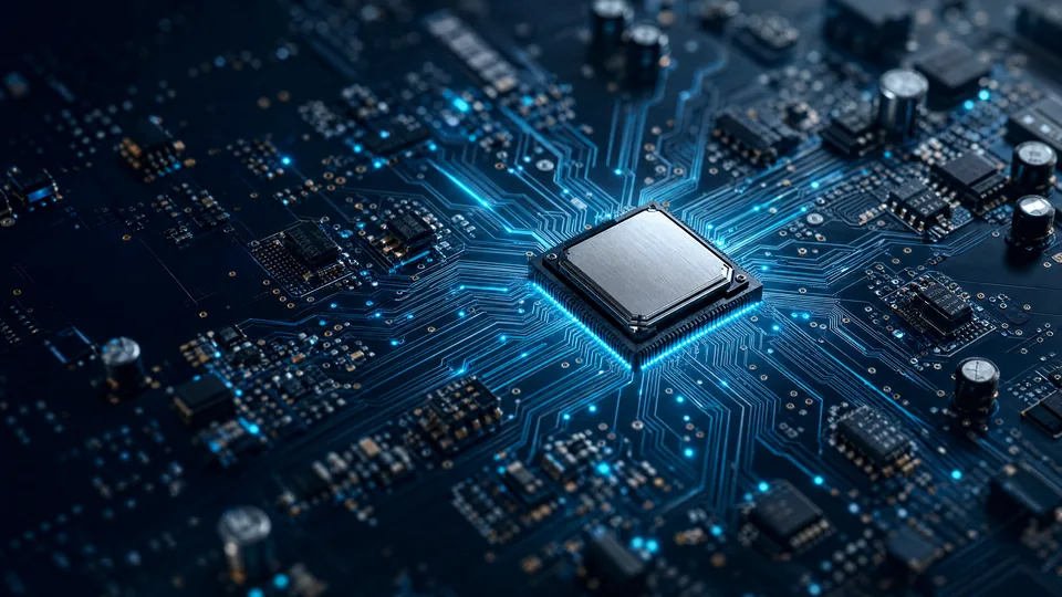Illustrative silver processor with cyan circuit traces on a navy board